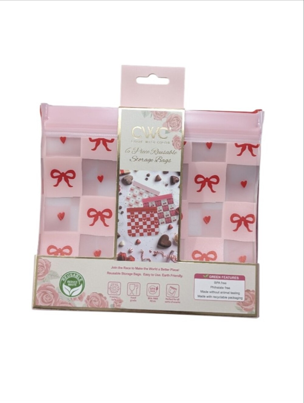 6PC Reusable Storage Bags with Red Bow & Heart Pattern